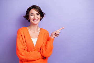 Poster - Photo of cheerful glad lady wear trendy comfort clothes arm demonstrate empty space information news isolated on purple color background