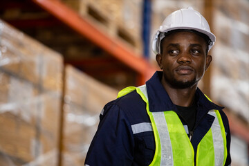 Man African American professional worker wearing safety uniform and hard hat in warehouse store. business logistics and transport.