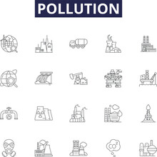 Pollution Line Vector Icons And Signs. Stench, Exhaust, Fumes, Gases, Smog, Debris, Poisons, Toxins Outline Vector Illustration Set