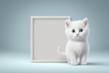 Cute White Kitten Sitting Near Empty Frame With Copy Space. White Cat Sitting Near White Blank On The Grey Background. Generative Ai