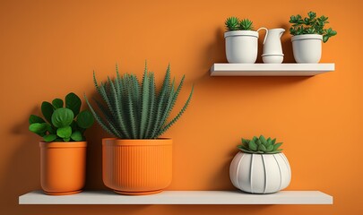  a shelf with three potted plants on it and a shelf with two pots on it on the side of the wall with a shelf.  generative ai