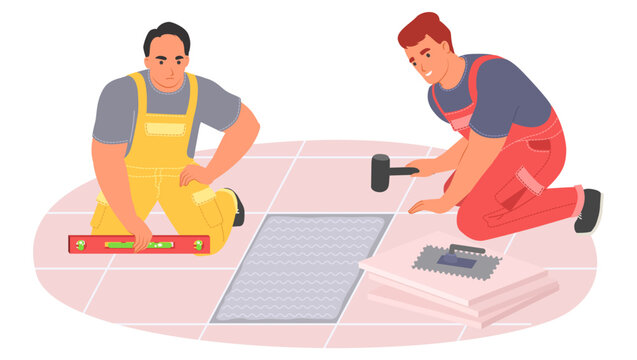 Fototapete - Male expert tiler worker making floor vector illustration