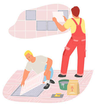 Fototapete - Tiling master team putting floor and wall ceramic tile vector