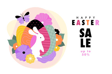 Easter Sale banner concept. Vector cartoon illustration in a trendy flat style of abstract patterned Easter eggs, flowers, butterfly, and white rabbit silhouette. Isolated on light white