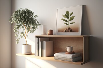 Wall Mural - Plants on wooden shelf with a frame on the wall. Minimalistic Scandinavian style