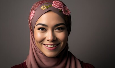 Poster - Smiling asian woman wearing a hijab looking at the camera. Generative AI