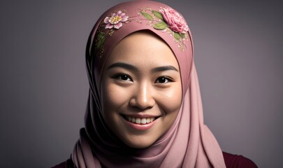 Wall Mural - Smiling asian woman wearing a hijab looking at the camera. Generative AI