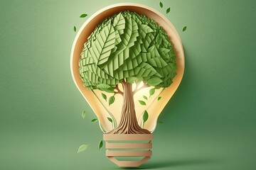 Wall Mural - Paper art tree isolated growing inside of a light bulb. Generative AI