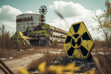 Nuclear icon, nuclear power plant desaster in background, generative ai