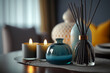 Burning candles and aromatic reed on table, spa, relax, background, generative ai