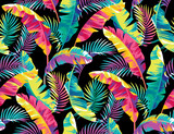 Fototapeta Dziecięca - Hawaiian seamless pattern with tropical leaves. Bright glowing yellow-pink-blue-violet backdrop. Botanical illustration on a black background. Vector foliage background. 