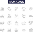 Ramadan line vector icons and signs. Fast, Islam, Prayer, Month, Qur'an, Fasting, Charity, Spiritual outline vector illustration set