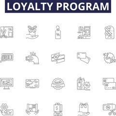 Loyalty program line vector icons and signs. Program, Rewards, Membership, Benefits, Discounts, Purchase, Customer, Reward outline vector illustration set