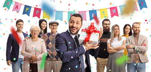 Poster - People at a birthday party and a host holding a gift box