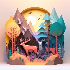 Wall Mural - Generative AI illustration of stunning paper art quilling landscape scenes with soft pastel colors and beautiful use of shape