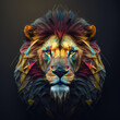 Generative AI illustration of polygonal phantasmal irridescent portrait of strong male lion on black background