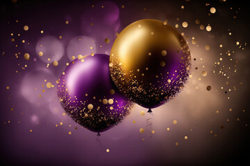 Wall Mural - Generative AI illustration of festive Christmas and celebration vibrant purple and gold balloons surrounded with glitter and bokeh lights background