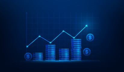 Wall Mural - stack coin business investment graph growth technology. financial graph increase money on blue dark background. stock market trading chart profit. vector illustration fantastic technology.