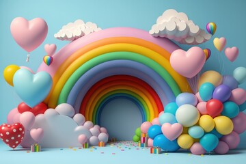 Rainbow with balloons and hearts, Generative AI