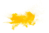 Fototapeta Tęcza - Abstract yellow  powder explosion on white background. Freeze motion of yellow  dust particles splash.
