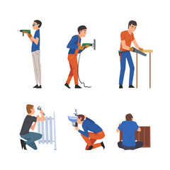 Sticker - Handyman or Fixer as Skilled Man Engaged in Home Repair Work Vector Set