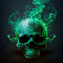 A 3d Green Skull On Green Flames And Smoke Digital Art