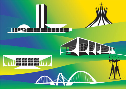 ilustração artística de alguns dos principais edifícios da cidade de brasília, capital do brasil.