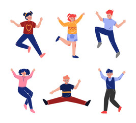 Sticker - Smiling Teen Boy and Girl Jumping with Joy Raising Hands Up Having Fun Vector Set.