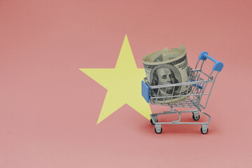 Metal shopping basket with dollar money banknote on the national flag of vietnam background. consumer basket concept. 3d illustration