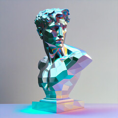Realistic holographic David's head sculpture for advertising and web. Holographic diamond polygonal trendy bust. Low poly. Rainbow colors. Generative Ai.