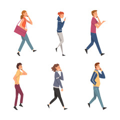 Wall Mural - People Character Walking and Speaking by Smartphone or Chatting Vector Set