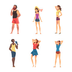 Wall Mural - Relaxed People Character in Standing Enjoying Hot Summer Vector Set