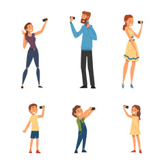 Poster - Young Man and Woman Holding Smartphone Having Video Call or Taking Selfie for Social Media Vector Set