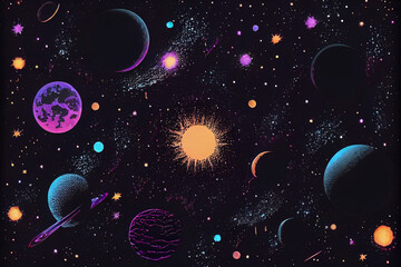 Wall Mural - Solar system. Colorful planets, galaxy and universe. Space cartoon. Neon