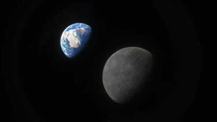 Wall Mural - spacecraft flies over the surface of the moon. Planet Earth seen against the backdrop of the Moon. Cinematic detailed 3d animation. Visualization of the space program of flights to