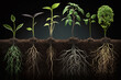 a row of young plants growing out of the ground, plant roots, art illustration 