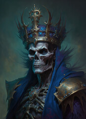 a skeleton in armor with a crown on his head, portrait painting of skeletor, lich king, dark fantasy character, art illustration 