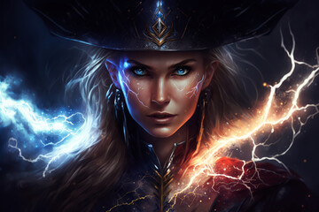 Female fire magician on black background, Generative AI. Lightning witch portrait. Female sorcerer cast lighting magic. Halloween background. Lightning magic background.