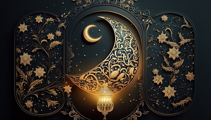 Wall Mural - Islamic design greeting card background template with crescent moon and islamic lantern. Generative AI