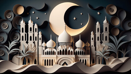 Wall Mural - Ramadhan mosque paper cut colored background. Generative AI