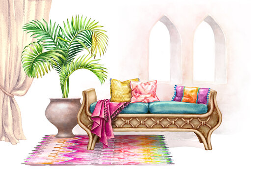 Wall Mural -  - watercolor illustration. Bohemian style home interior. Tropical palm, exotic colonial sofa, colorful pillows and textile drapery, traditional carpet. Arabic or indian scene