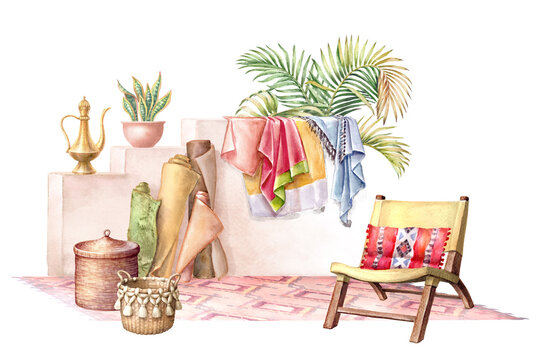 Wall Mural -  - watercolor illustration. Moroccan background. Bohemian style room interior. Oriental bazaar. Garden chair, pillow, baskets, green plants, traditional carpet and textile rolls.