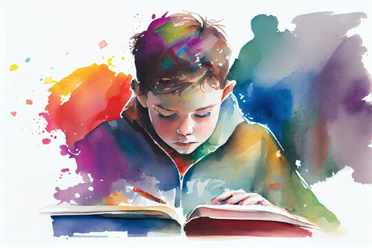Watercolor Illustration of a Abstract Art. Colorful Painting Art Of A Boy Exploring The Mystery Of A Book. Memory Or Emotion Concept. Generative AI