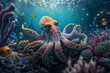 Octopus in Colorful Coral Reef Habitat, Generative AI