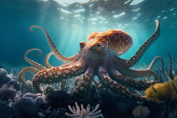 Octopus in Colorful Coral Reef Habitat, Generative AI