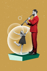 Poster - Vertical collage picture of black white colors guy play flute mini girl dancing inside soap bubble isolated on painted background