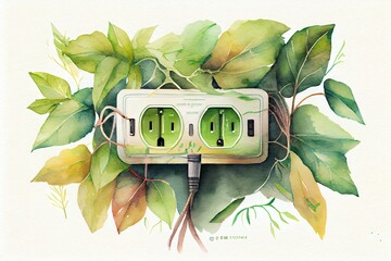 Sticker - Watercolor Illustration of a Green Electric Power Socket With Fresh Leaves Top View, Concept Of Renewable Energy And Sustainability,. Generative AI