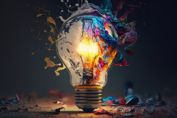 Poster - Colorful bulb lamp. Light bulb explodes with colorful paint and splashes isolated on black. Colours of life. Generative AI
