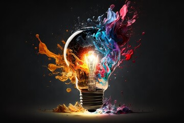 Wall Mural - Colorful bulb lamp. Light bulb explodes with colorful paint and splashes isolated on black. Colours of life. Generative AI