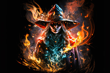 Female fire magician on black background, Generative AI. Fire witch portrait. Female sorcerer cast flame magic. Halloween background. Flame magic background.